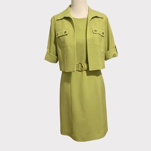 Shift Sheath Cocktail Blazer Retro Vintage Green Two Piece Dress Set